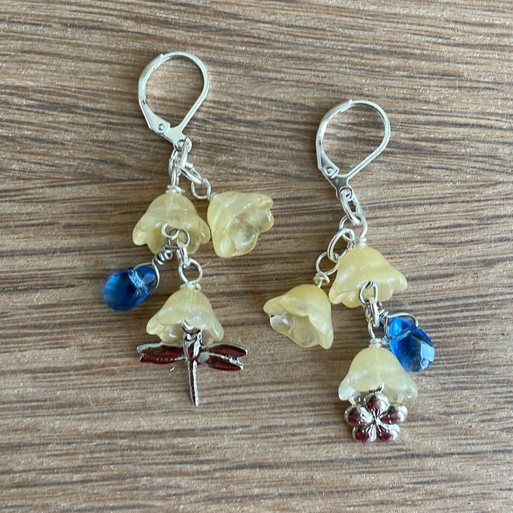 HAND CRAFTED EARRINGS Yellow Flowers Dragonfly and Flower Charms, Blue Drop